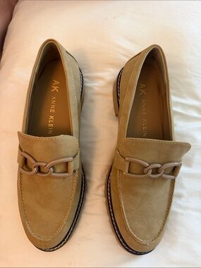 Anne Klein Women Camel Suede Loafers with Chain Trim